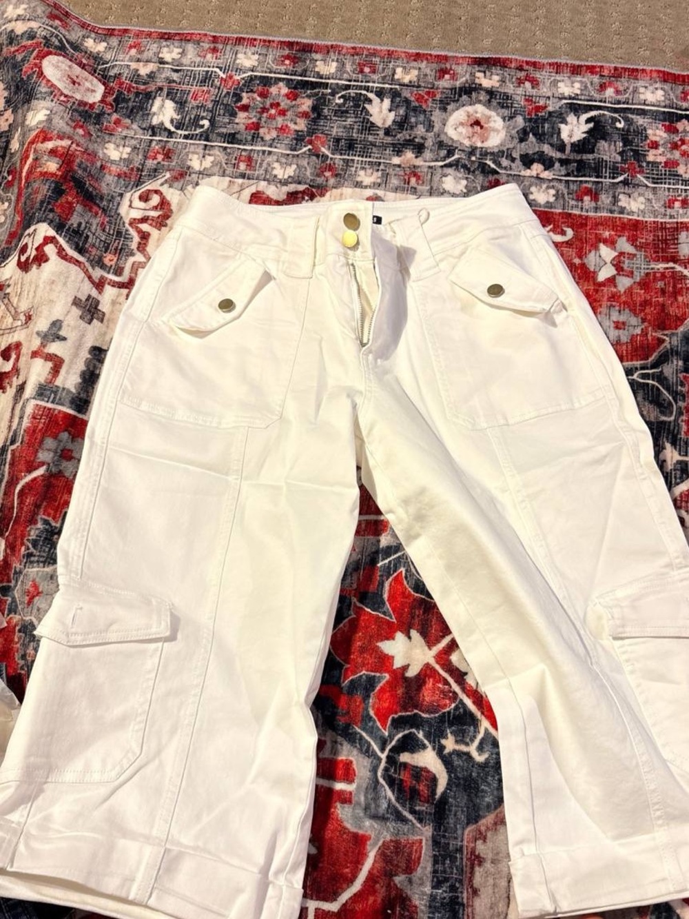 Flamingals White Cargo Capri Pants High Rise Wide Leg Utility Cropped Trousers - Picture 2 of 2